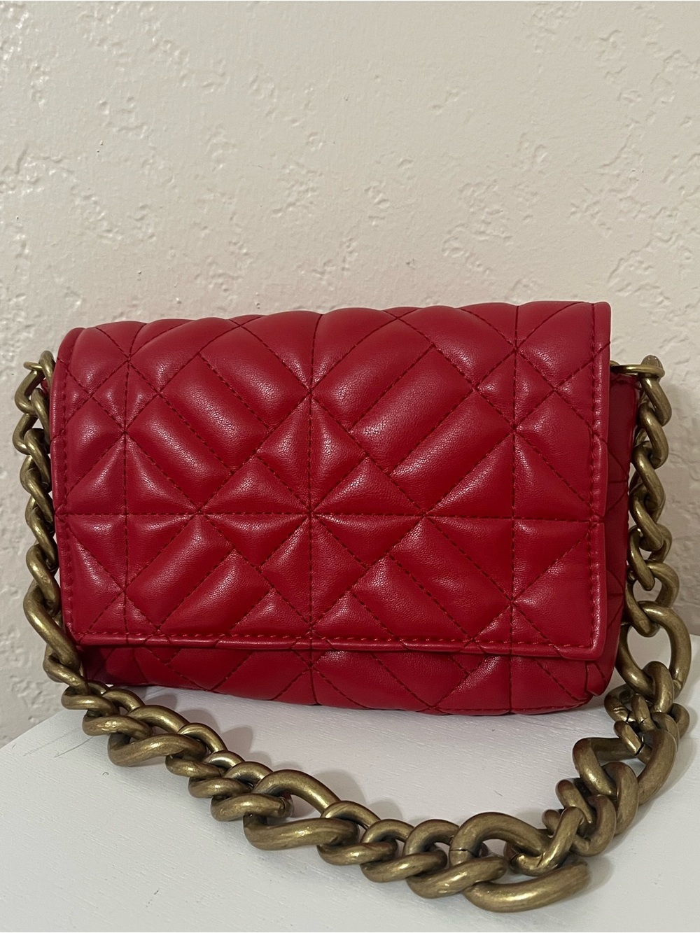 ZARA Quilted Red Leather Chain Shoulder Bag